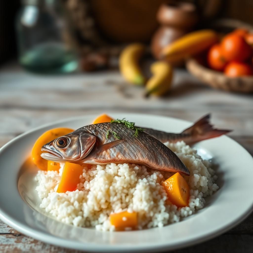 Peixe de água doce com arroz e pequi em ambiente rústico do Centro-Oeste