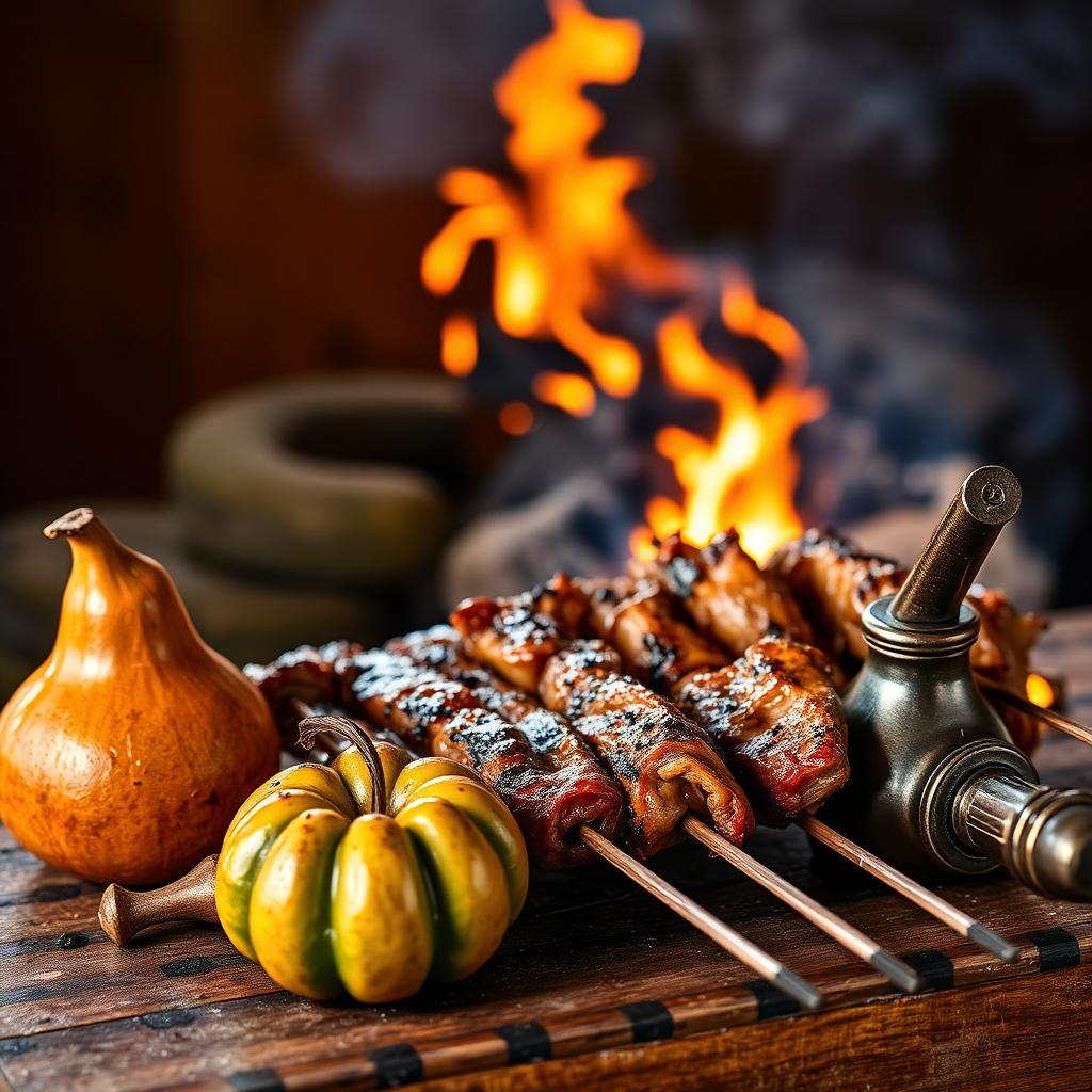 Churrasco gaúcho com chimarrão ao lado e fogo de chão ao fundo